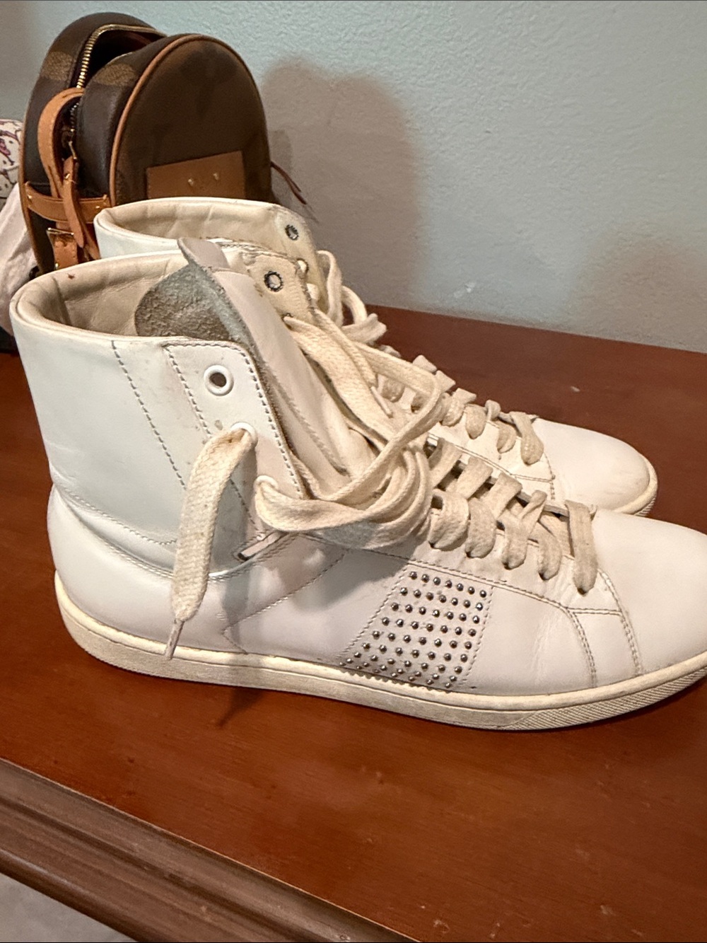 Yves Saint Laurent White High-Top Studded Leather Sneakers